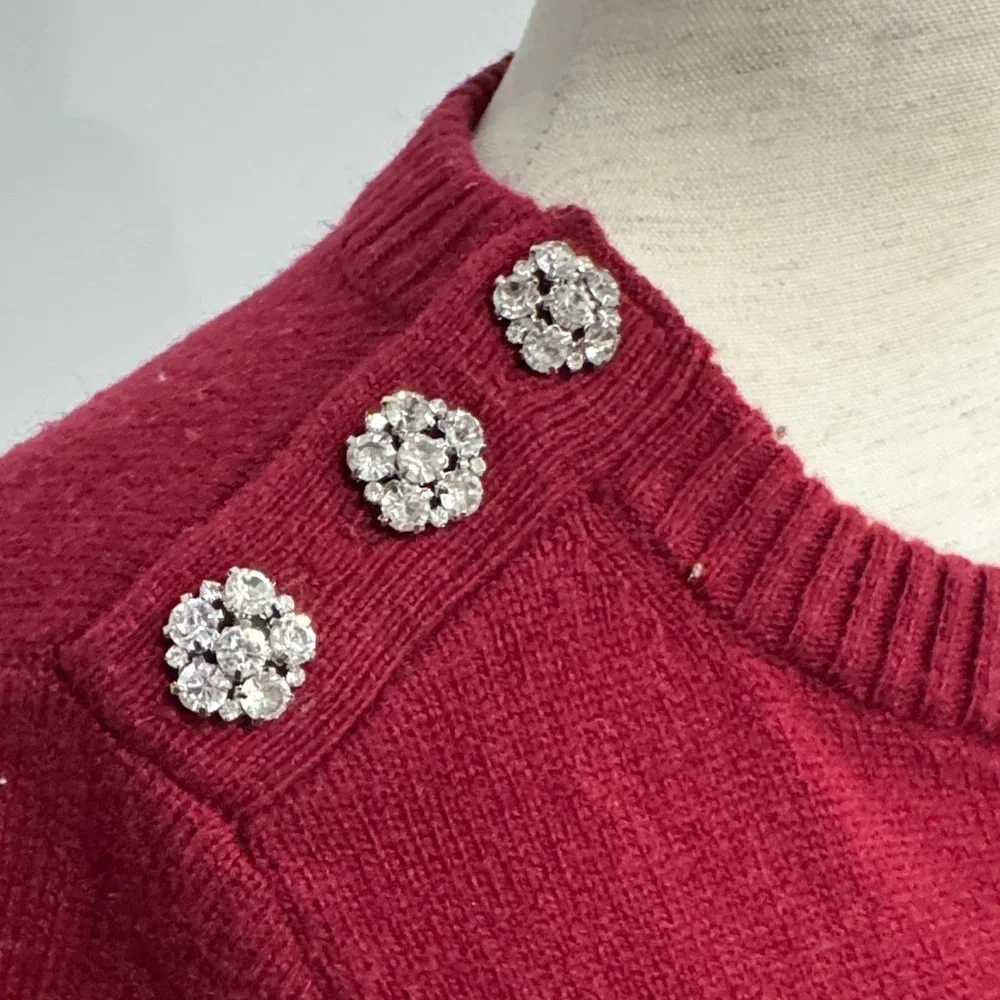J Crew Red Sweater with Embellished Flower Rhinestone Shoulder Detail XS